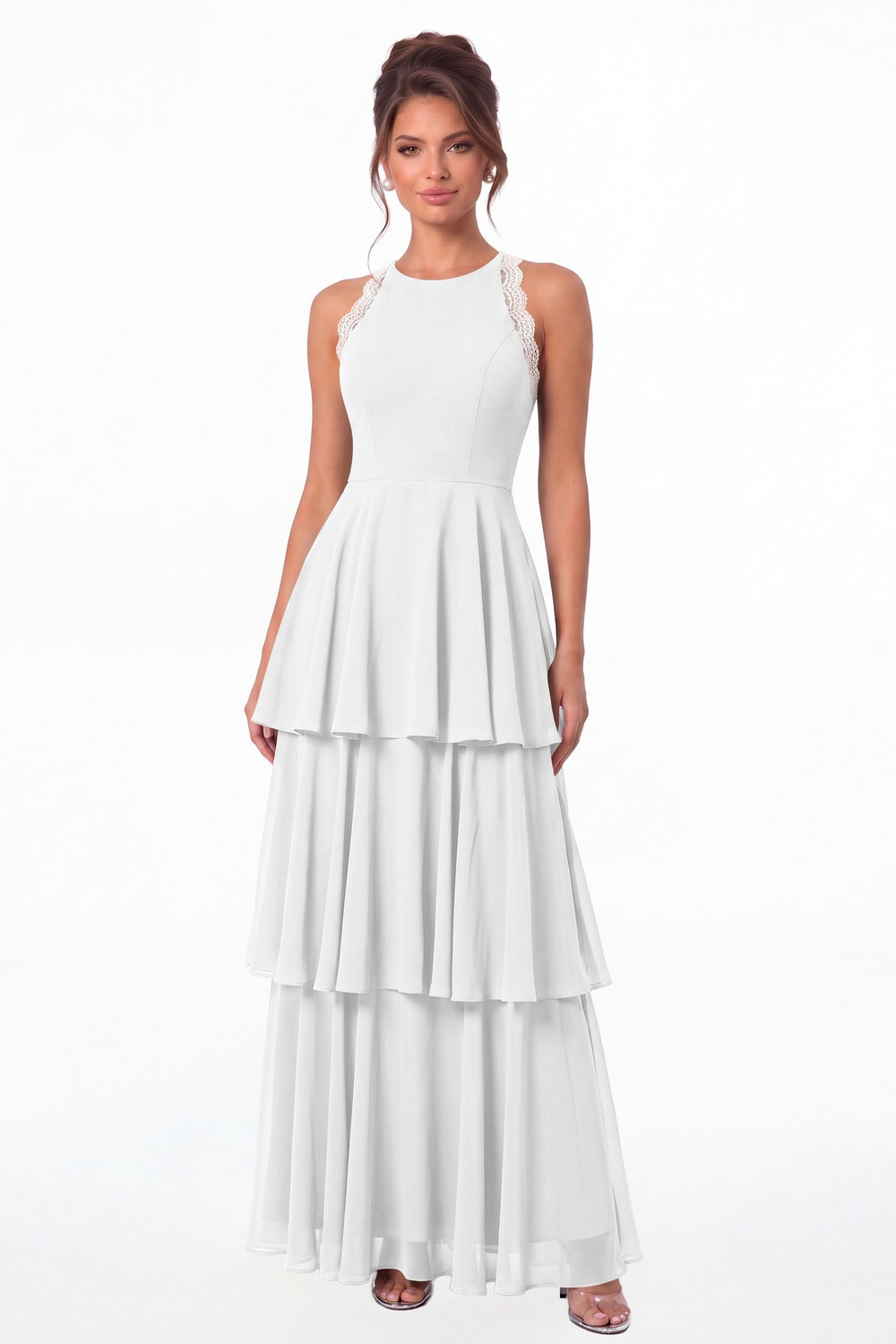 White Scoop Neck Lace Tiered Chiffon Maxi Dress - Front View