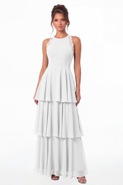 White Scoop Neck Lace Tiered Chiffon Maxi Dress - Front View