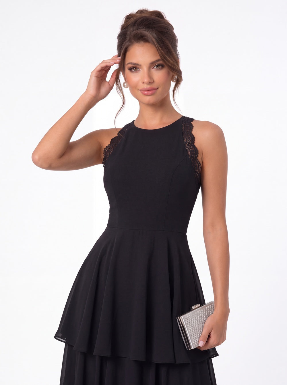 Scoop Neck Lace Tiered Chiffon Maxi Dress - Detail View 1