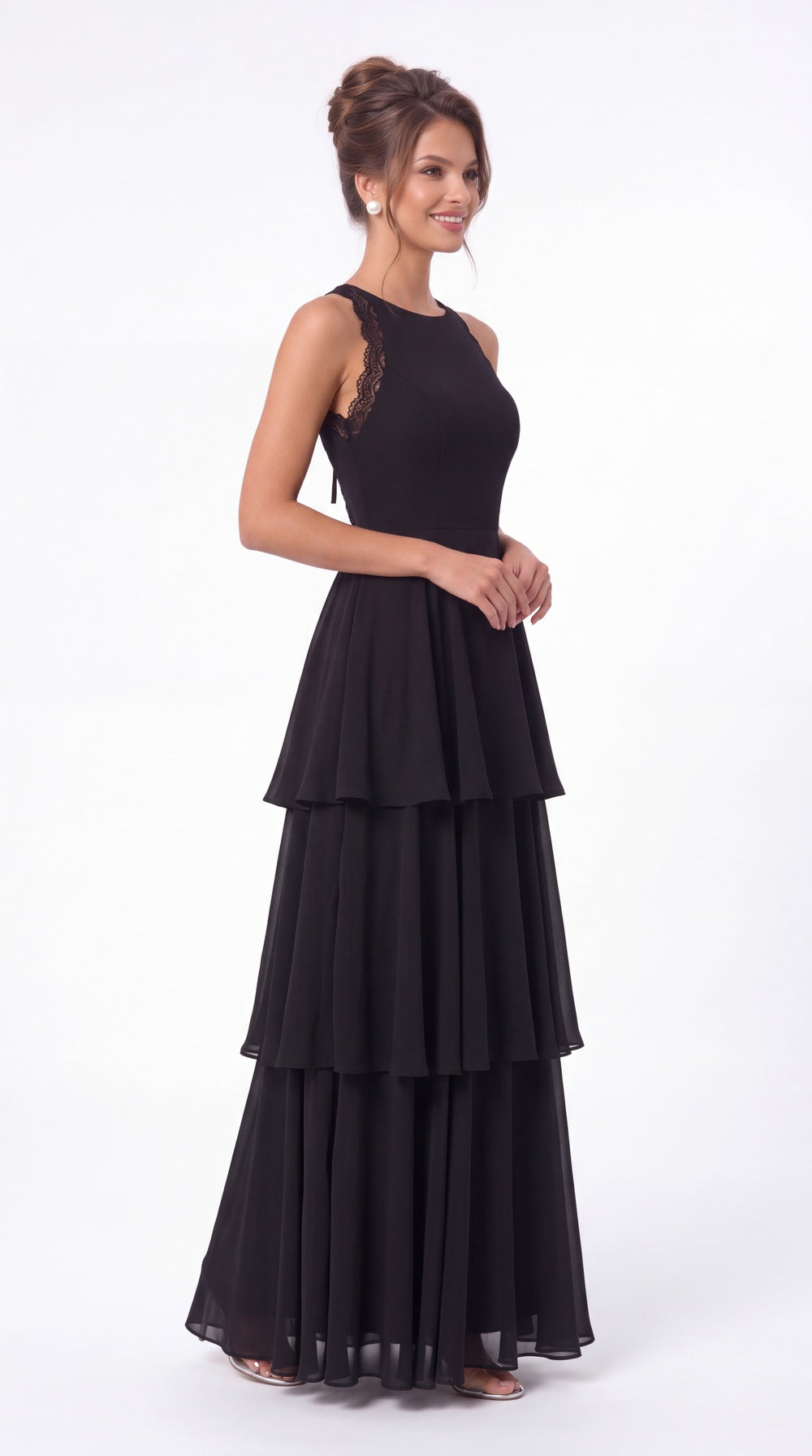 Scoop Neck Lace Tiered Chiffon Maxi Dress - Detail View 3