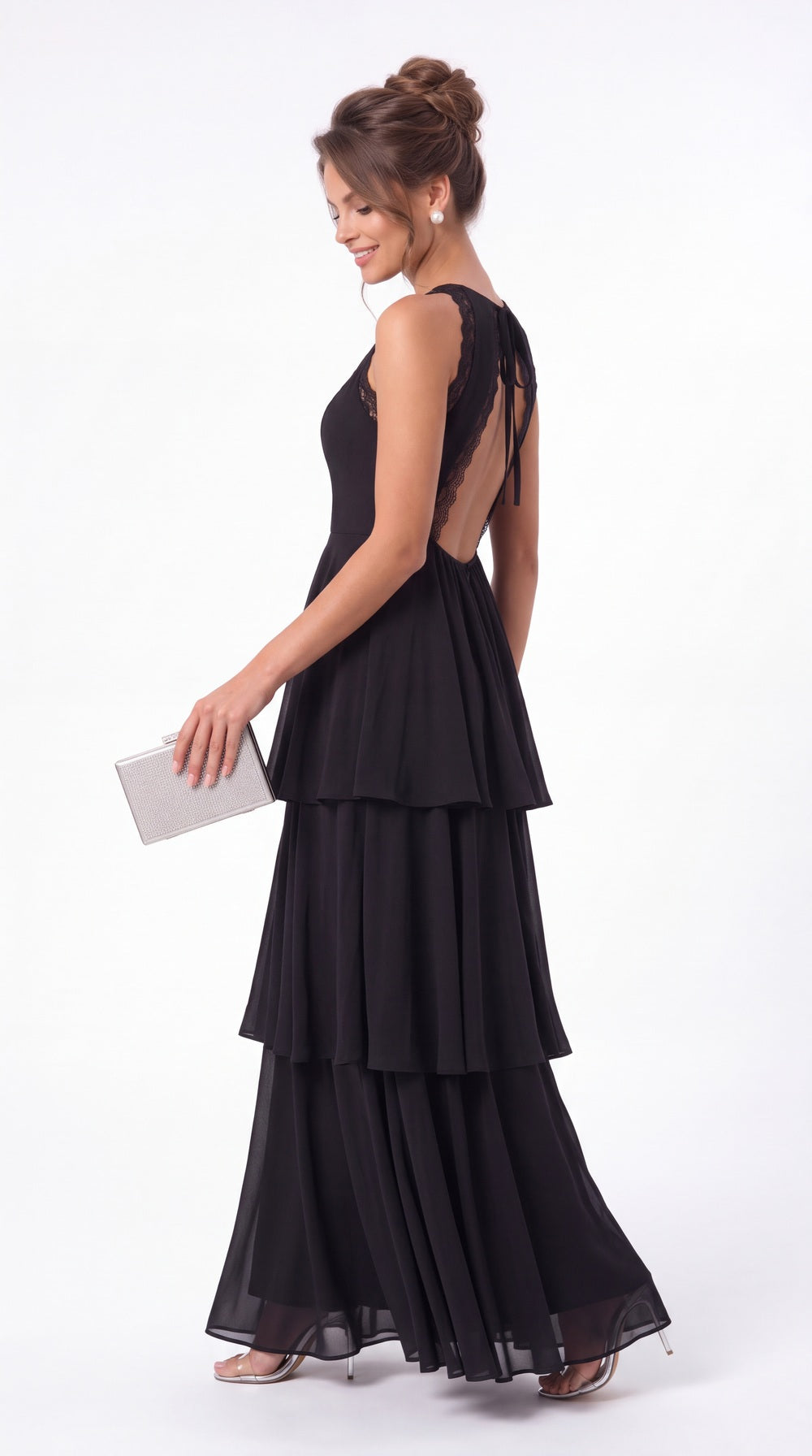 Scoop Neck Lace Tiered Chiffon Maxi Dress - Detail View 4