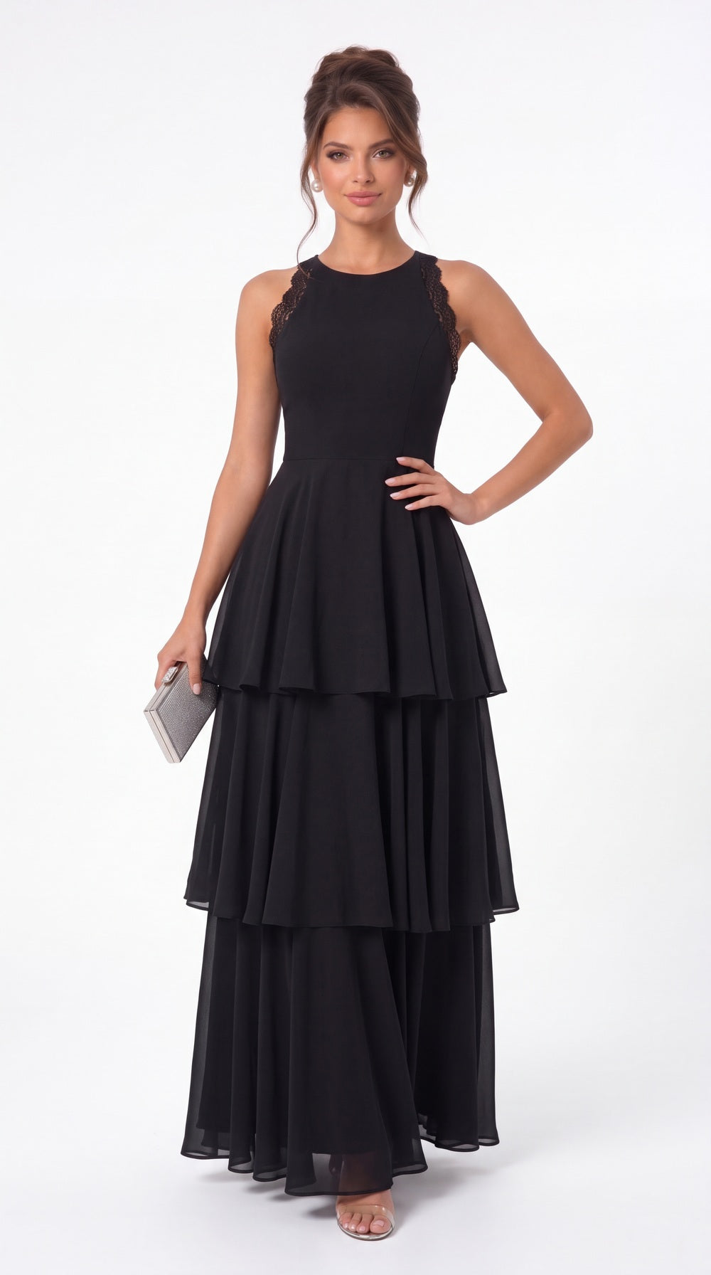 Scoop Neck Lace Tiered Chiffon Maxi Dress - Detail View 5