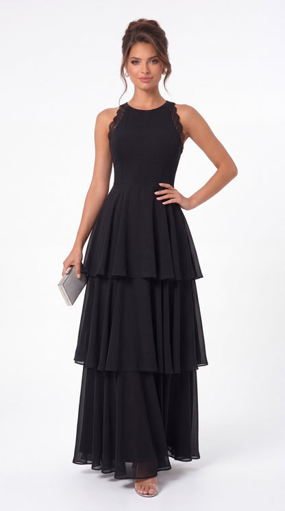 Scoop Neck Lace Tiered Chiffon Maxi Dress - Detail View 5