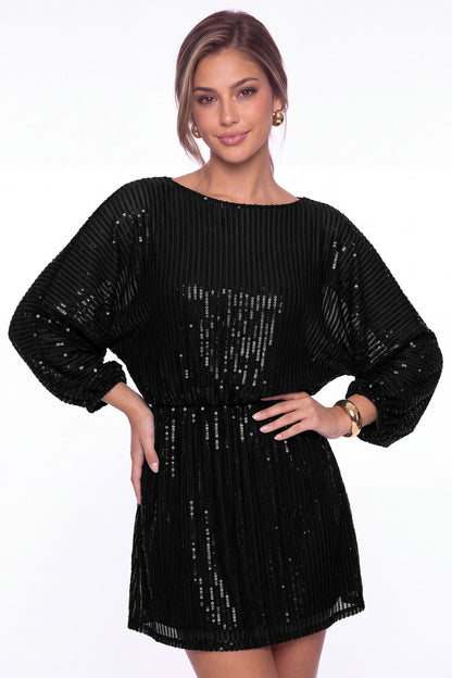 Black Scoop Neck Long Sleeve Sequin Mini Homecoming Dress - Front View