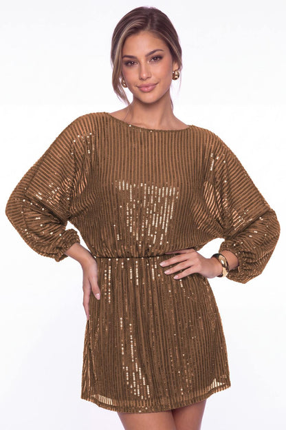 Brown Scoop Neck Long Sleeve Sequin Mini Homecoming Dress - Front View