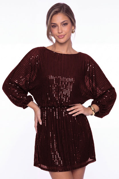 Burgundy Scoop Neck Long Sleeve Sequin Mini Homecoming Dress - Front View