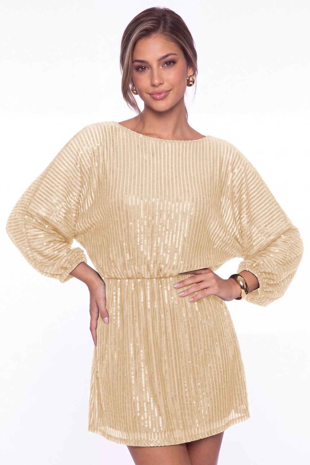 Champagne Scoop Neck Long Sleeve Sequin Mini Homecoming Dress - Front View