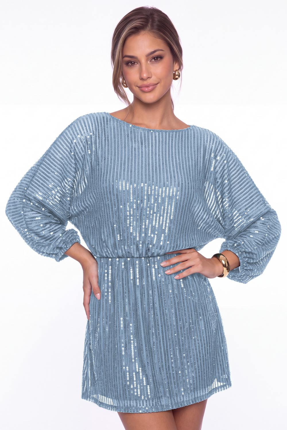 Dusty Blue Scoop Neck Long Sleeve Sequin Mini Homecoming Dress - Front View