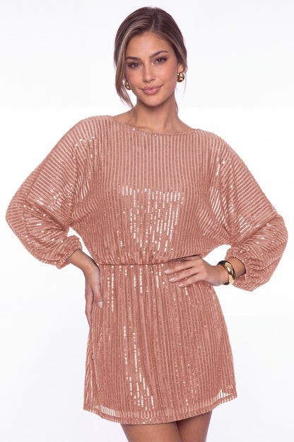 Dusty Rose Scoop Neck Long Sleeve Sequin Mini Homecoming Dress - Front View
