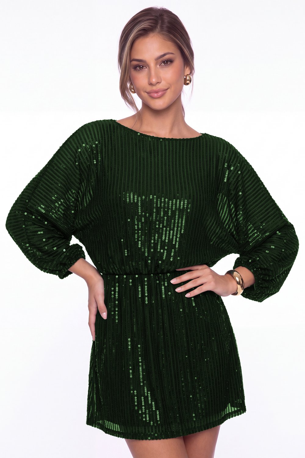 Emerald Green Scoop Neck Long Sleeve Sequin Mini Homecoming Dress - Front View
