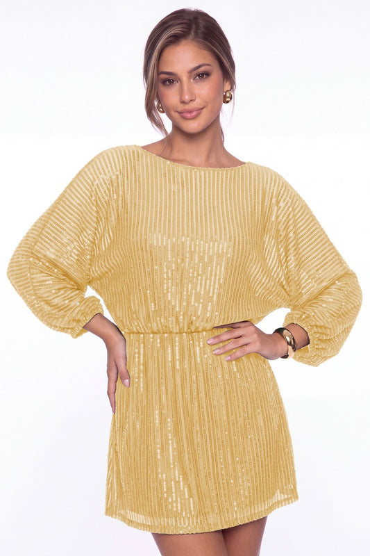 Gold Scoop Neck Long Sleeve Sequin Mini Homecoming Dress - Front View