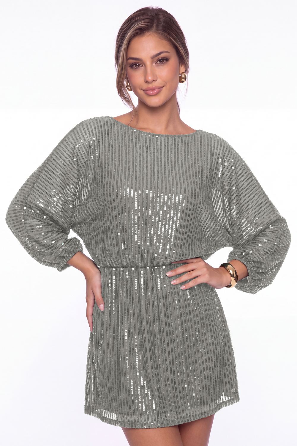 Grey Scoop Neck Long Sleeve Sequin Mini Homecoming Dress - Front View