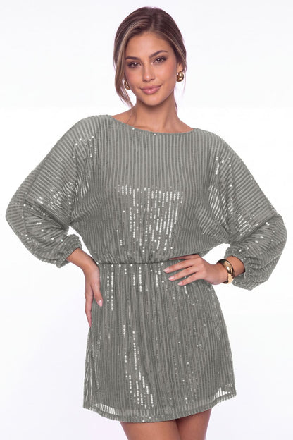 Grey Scoop Neck Long Sleeve Sequin Mini Homecoming Dress - Front View