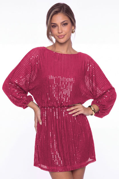 Hot Pink Scoop Neck Long Sleeve Sequin Mini Homecoming Dress - Front View