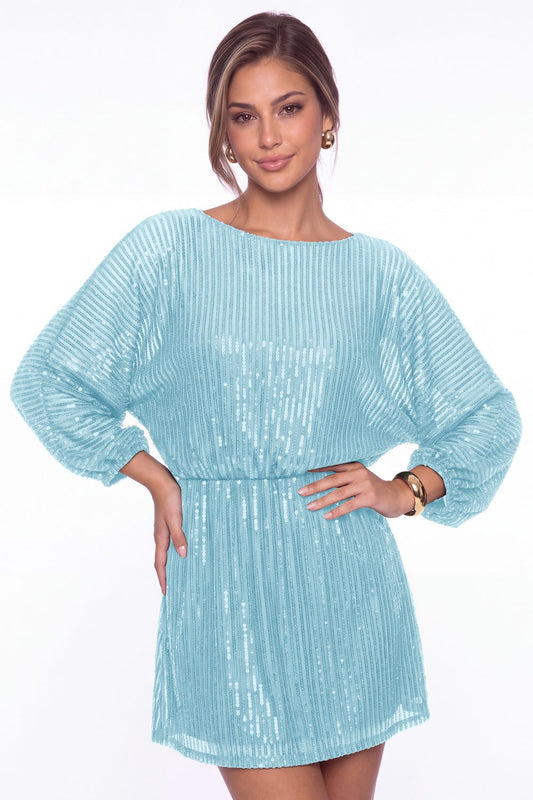 Light Blue Scoop Neck Long Sleeve Sequin Mini Homecoming Dress - Front View