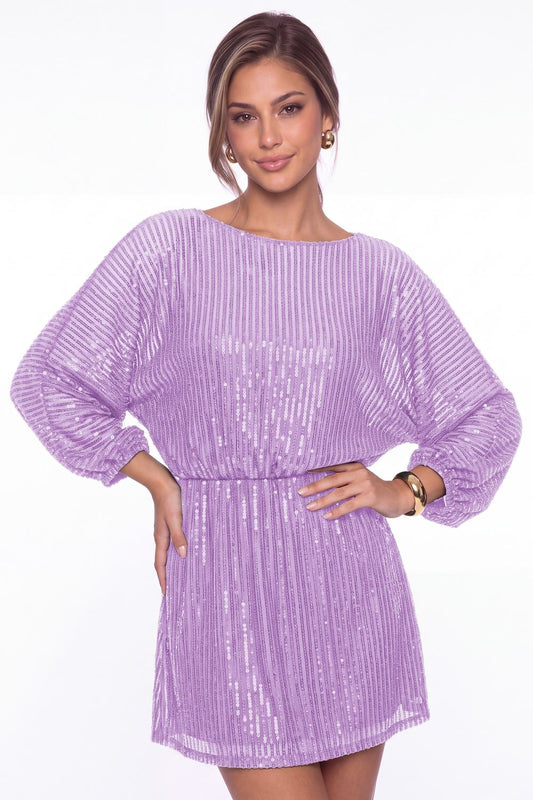 Lilac Scoop Neck Long Sleeve Sequin Mini Homecoming Dress - Front View