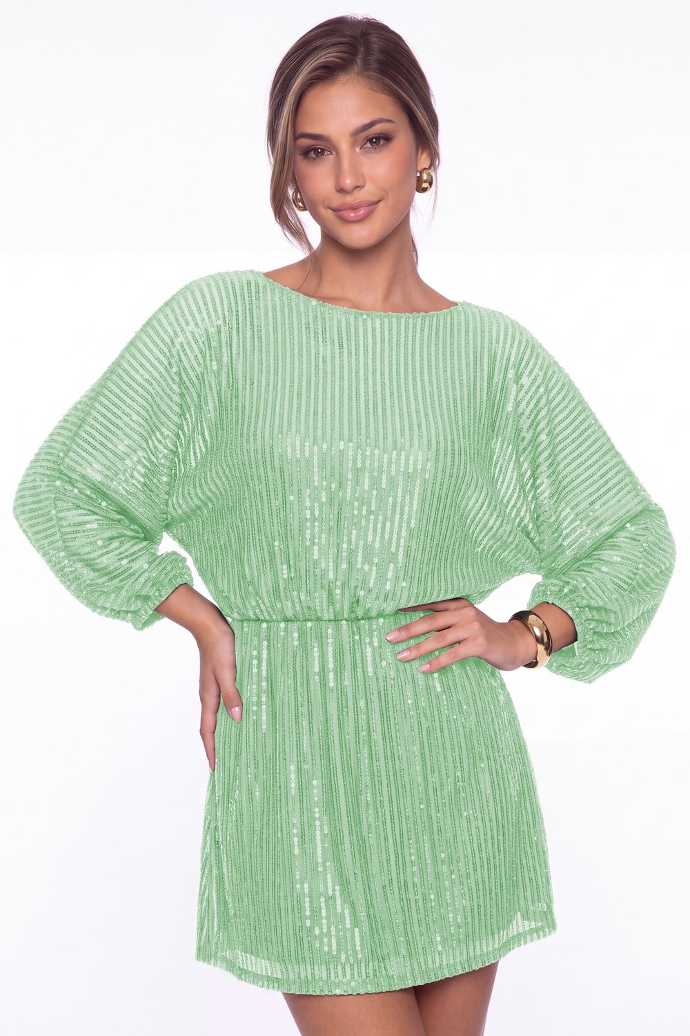 Mint Green Scoop Neck Long Sleeve Sequin Mini Homecoming Dress - Front View
