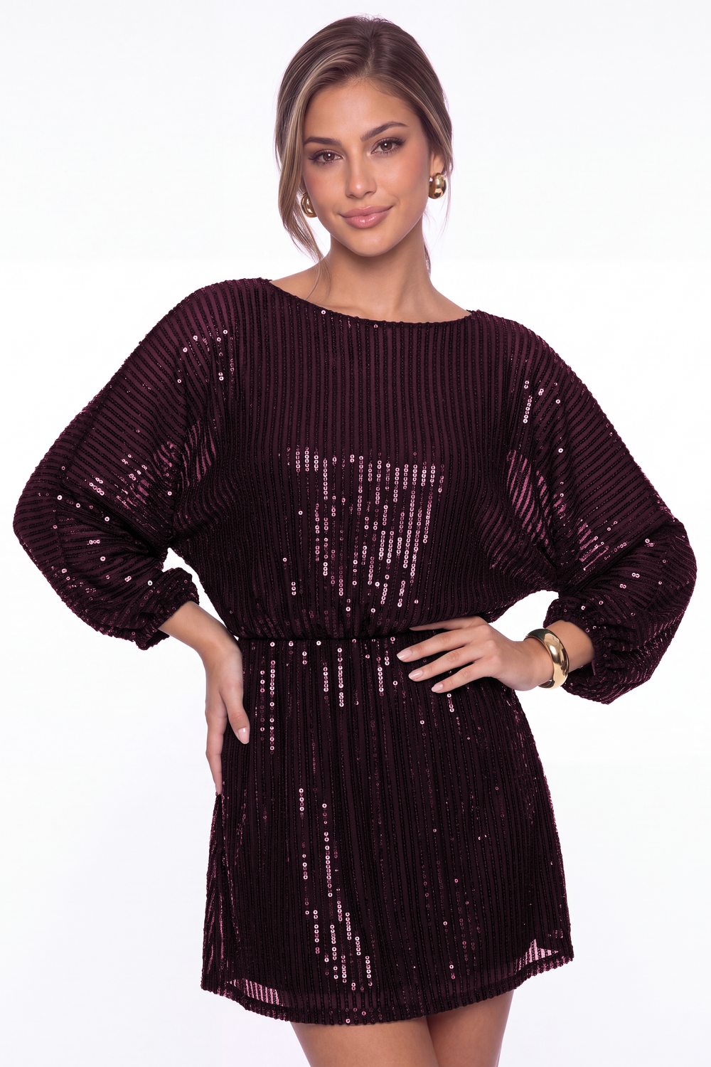 Plum Scoop Neck Long Sleeve Sequin Mini Homecoming Dress - Front View