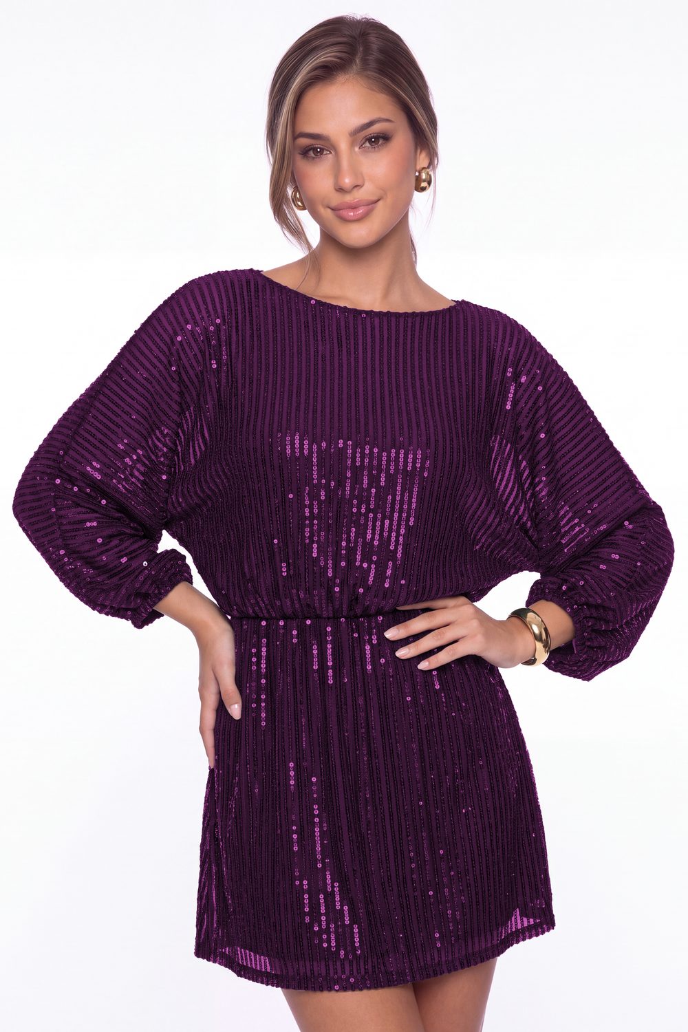 Purple Scoop Neck Long Sleeve Sequin Mini Homecoming Dress - Front View