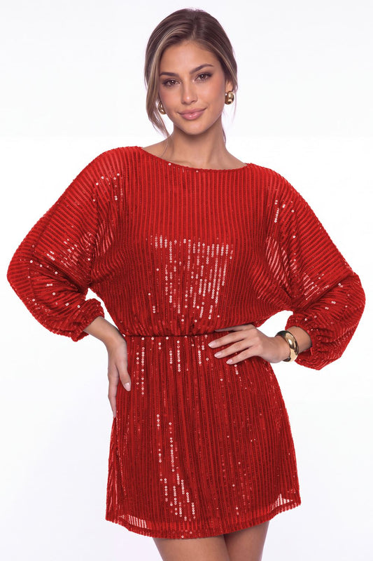 Red Scoop Neck Long Sleeve Sequin Mini Homecoming Dress - Front View