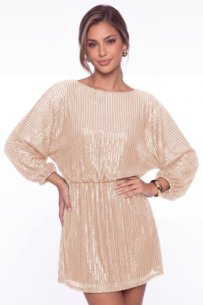 Rose Gold Scoop Neck Long Sleeve Sequin Mini Homecoming Dress - Front View