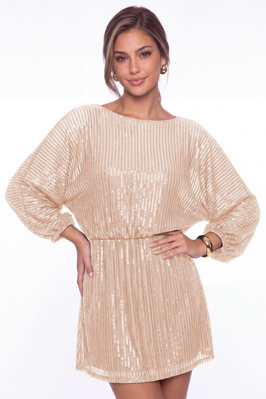 Rose Gold Scoop Neck Long Sleeve Sequin Mini Homecoming Dress - Front View