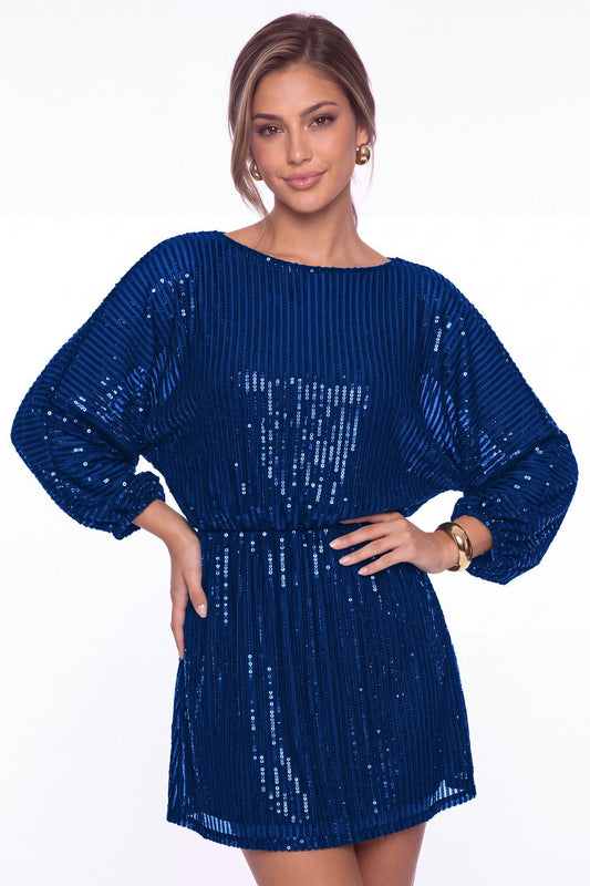 Royal Blue Scoop Neck Long Sleeve Sequin Mini Homecoming Dress - Front View