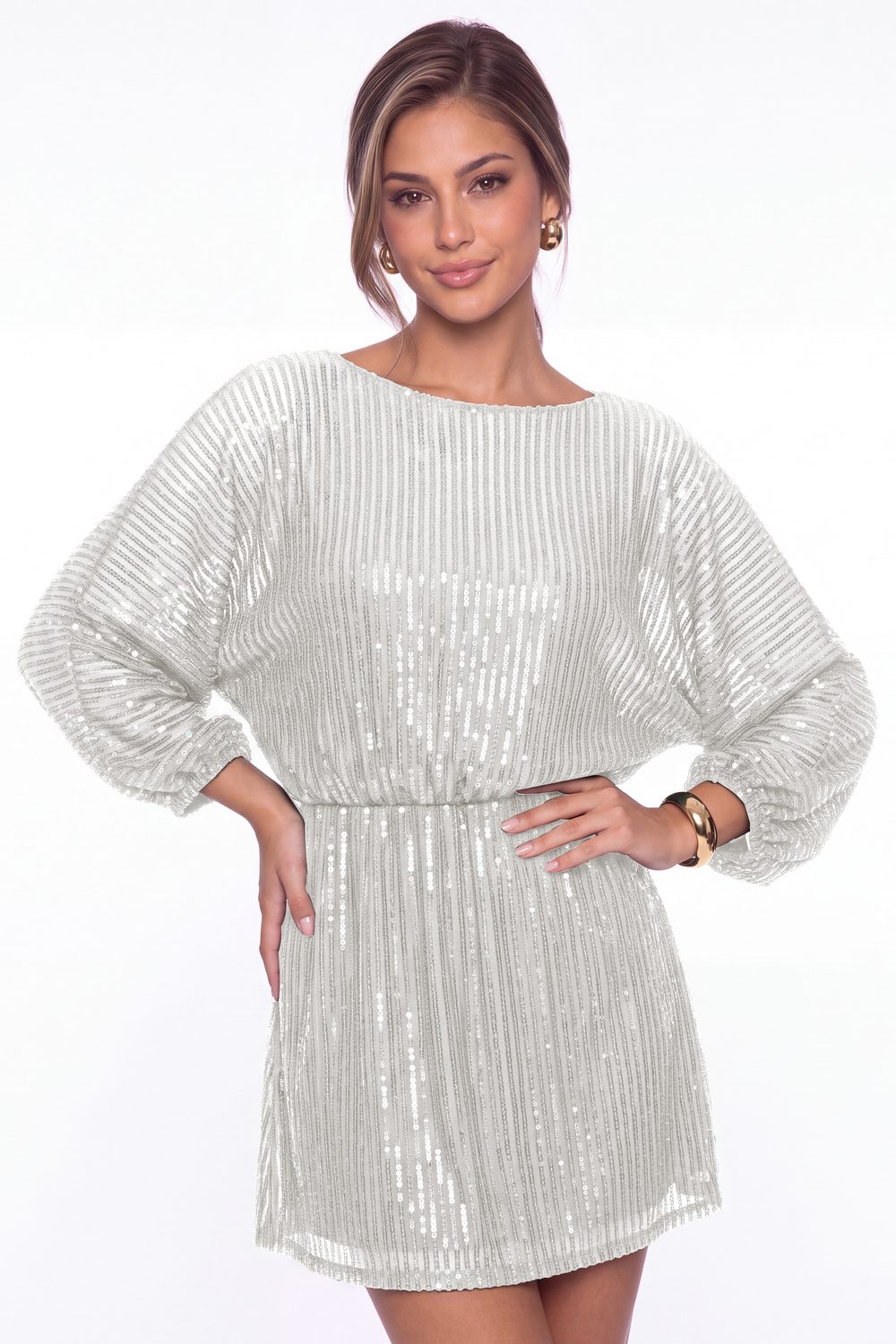 Silver Scoop Neck Long Sleeve Sequin Mini Homecoming Dress - Front View
