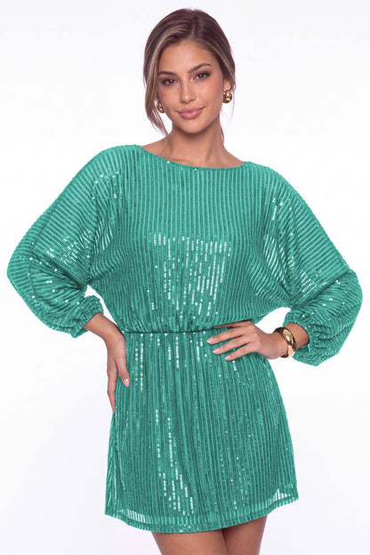 Turquoise Scoop Neck Long Sleeve Sequin Mini Homecoming Dress - Front View