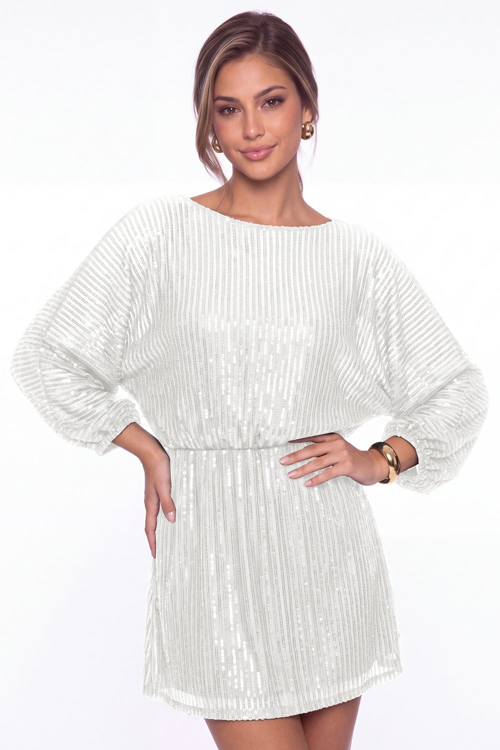 White Scoop Neck Long Sleeve Sequin Mini Homecoming Dress - Front View