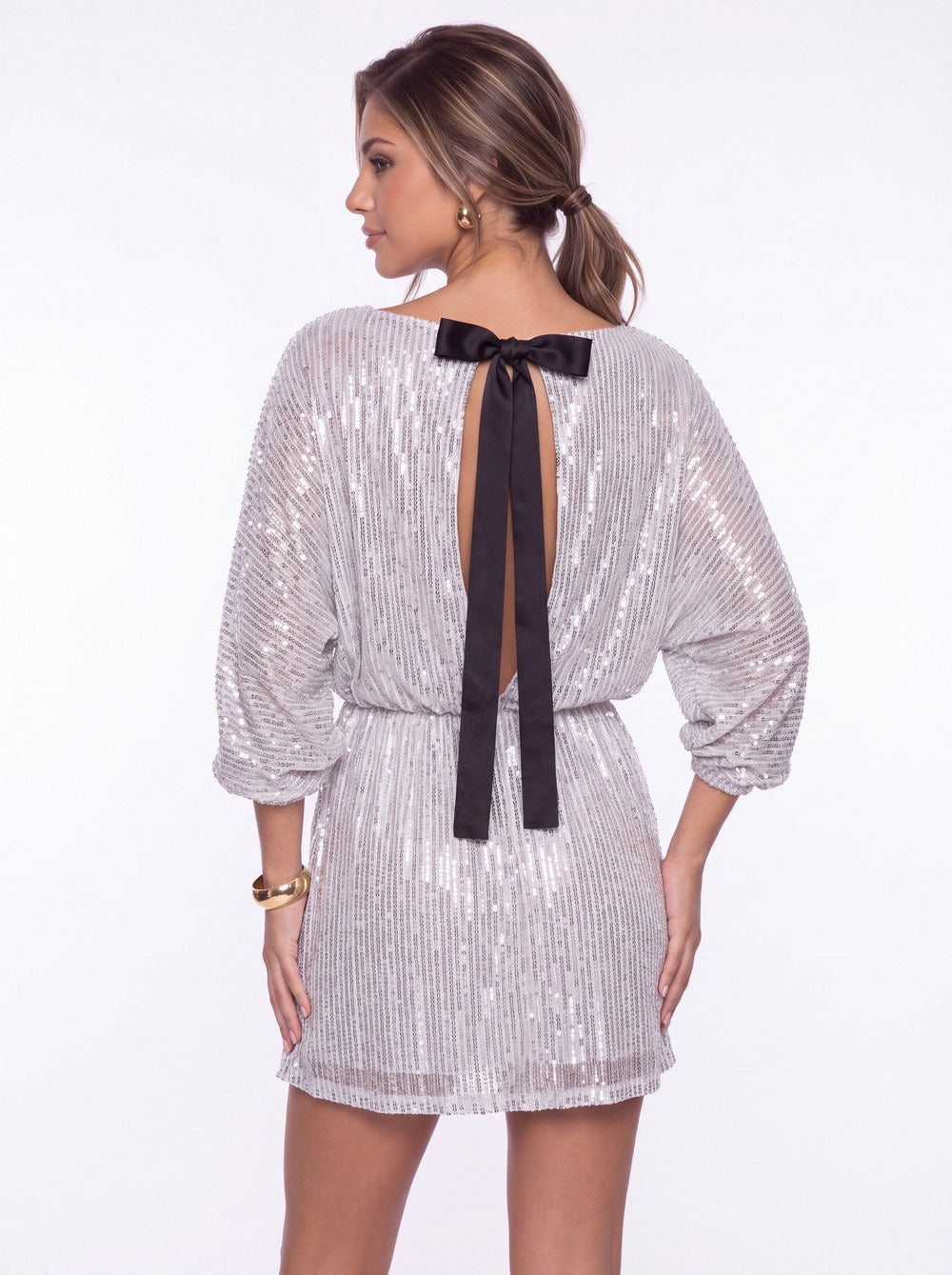 Scoop Neck Long Sleeve Sequin Mini Homecoming Dress - Back View