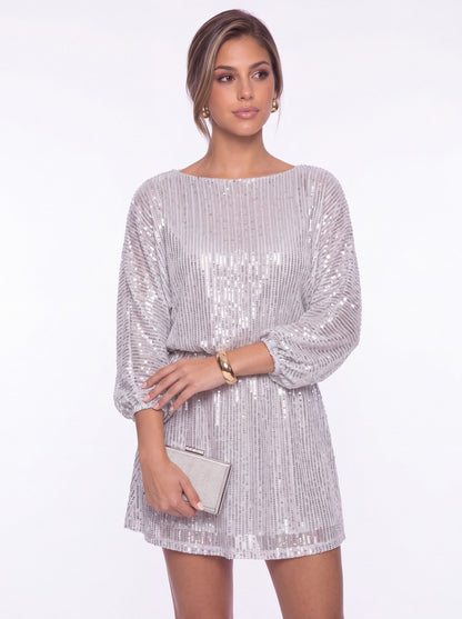 Scoop Neck Long Sleeve Sequin Mini Homecoming Dress - Detail View 2