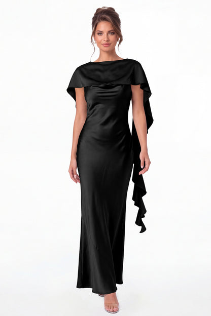 Black Spaghetti Strap Cowl Neck Satin Ruffle Maxi Gown - Front View
