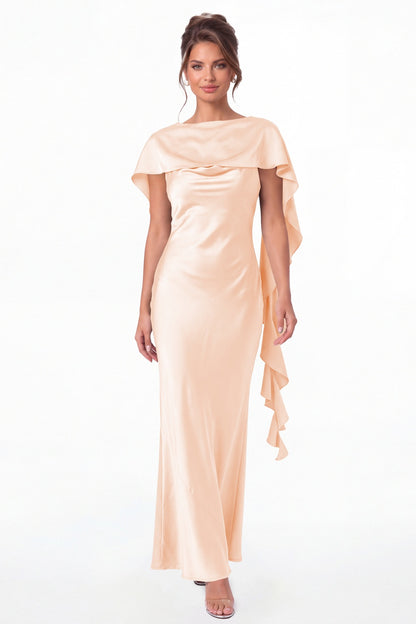 Blush Pink Spaghetti Strap Cowl Neck Satin Ruffle Maxi Gown - Front View
