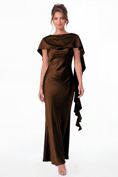Brown Spaghetti Strap Cowl Neck Satin Ruffle Maxi Gown - Front View