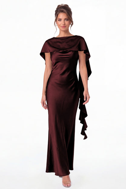 Burgundy Spaghetti Strap Cowl Neck Satin Ruffle Maxi Gown - Front View
