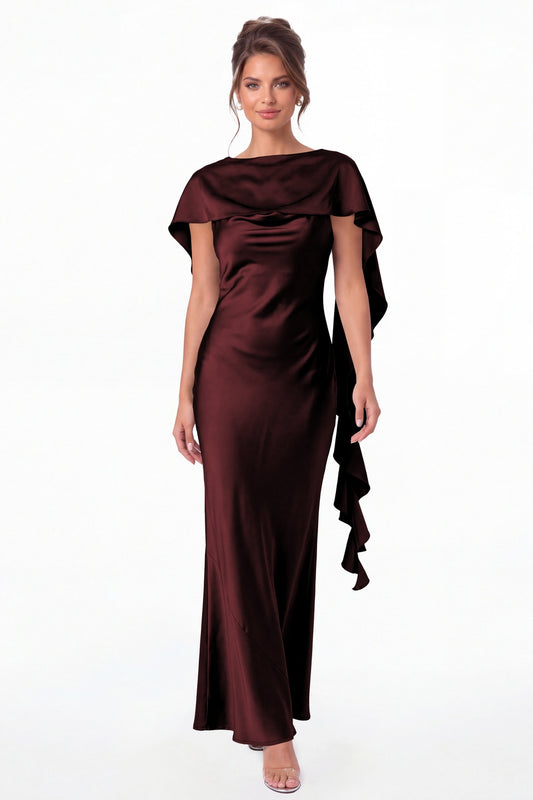 Burgundy Spaghetti Strap Cowl Neck Satin Ruffle Maxi Gown - Front View