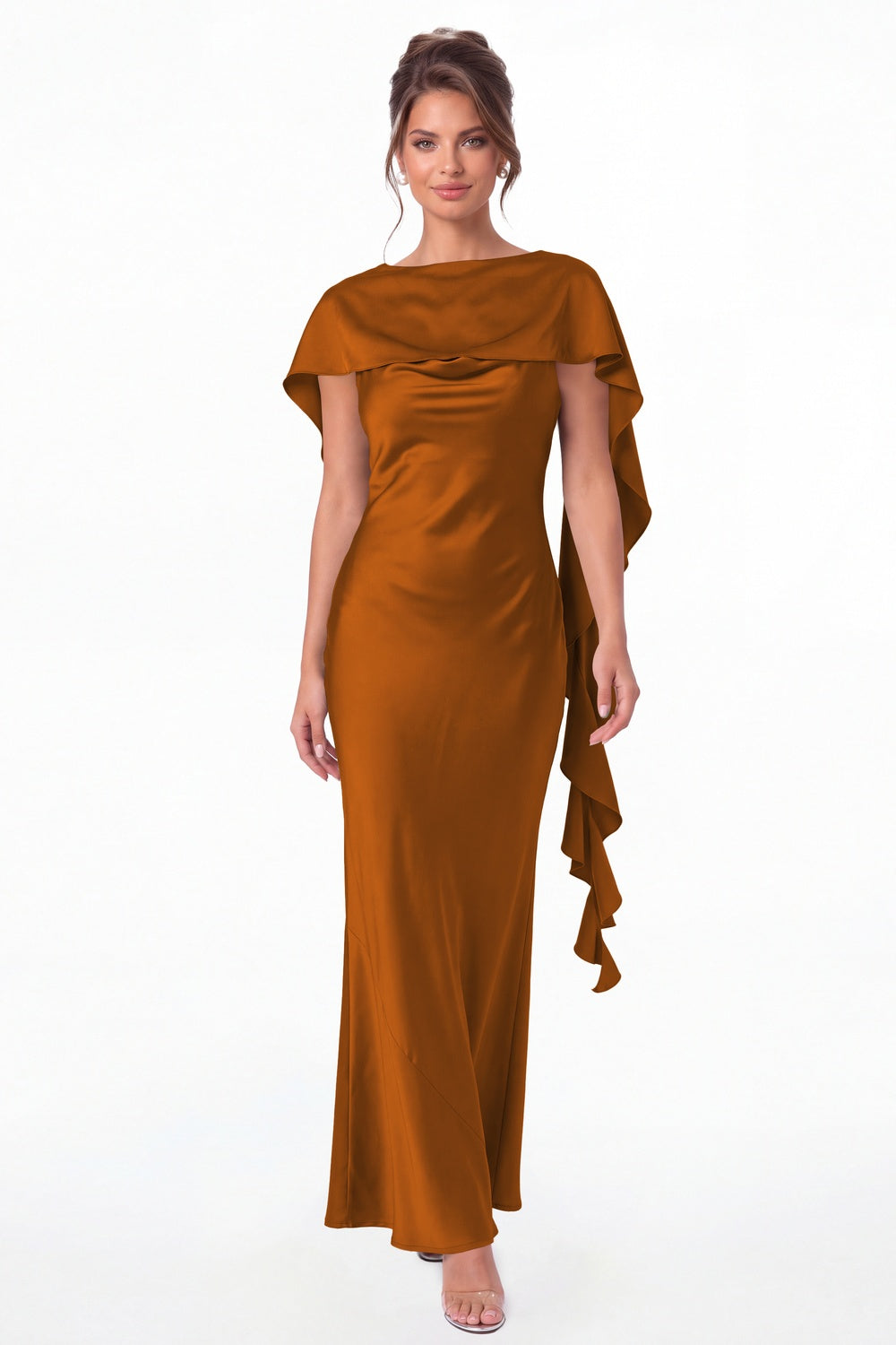Burnt Orange Spaghetti Strap Cowl Neck Satin Ruffle Maxi Gown - Front View