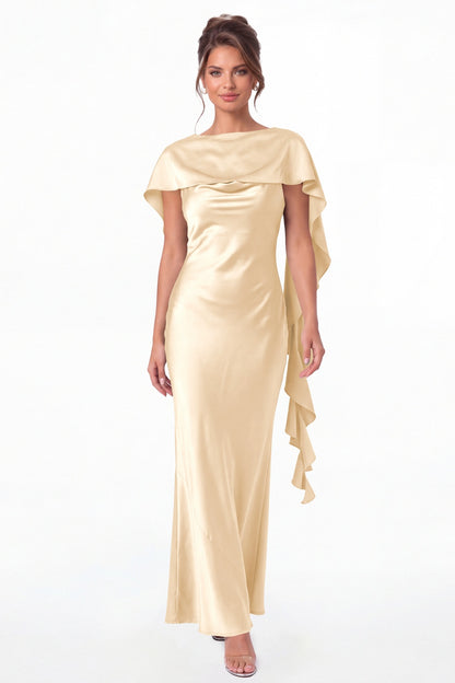 Champagne Spaghetti Strap Cowl Neck Satin Ruffle Maxi Gown - Front View