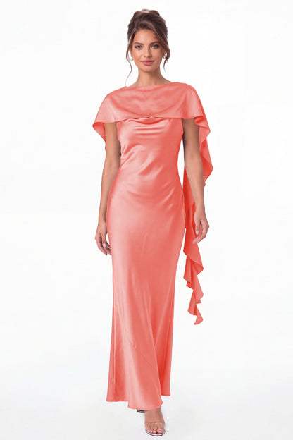 Coral Spaghetti Strap Cowl Neck Satin Ruffle Maxi Gown - Front View