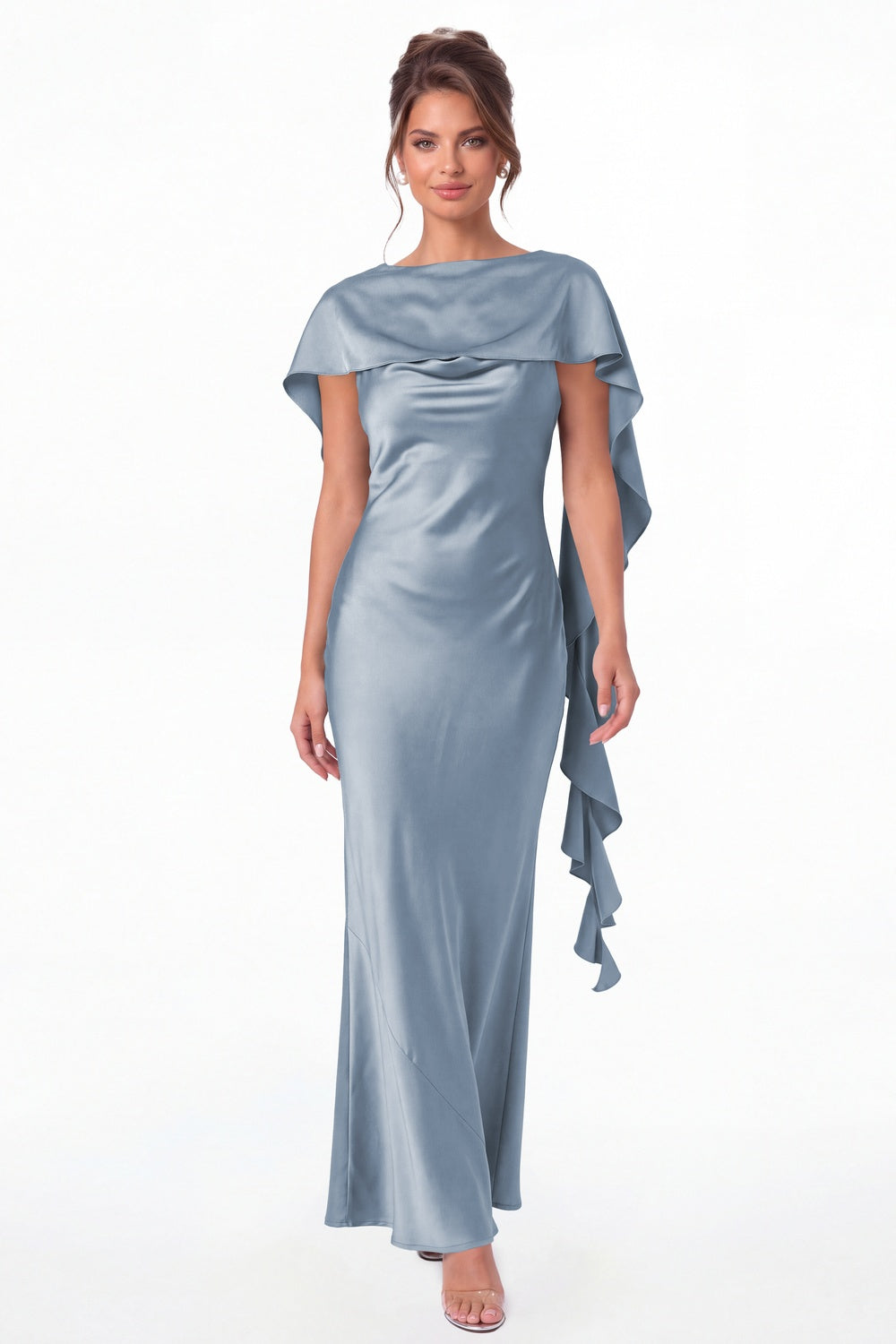 Dusty Blue Spaghetti Strap Cowl Neck Satin Ruffle Maxi Gown - Front View