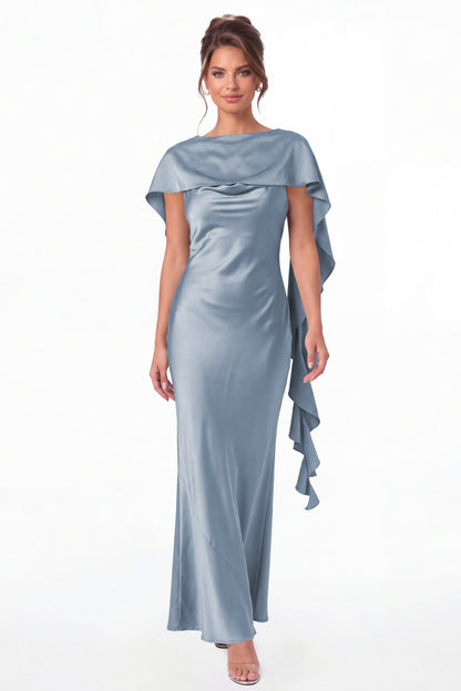 Dusty Blue Spaghetti Strap Cowl Neck Satin Ruffle Maxi Gown - Front View