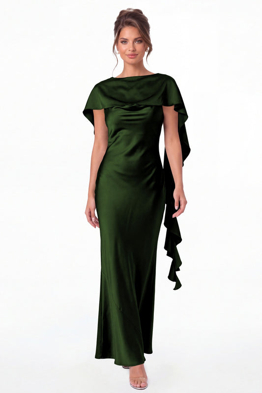 Emerald Green Spaghetti Strap Cowl Neck Satin Ruffle Maxi Gown - Front View