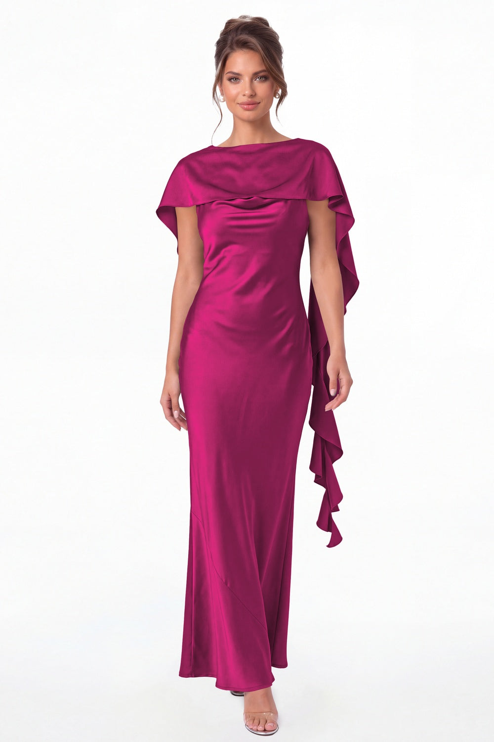 Fuchsia Spaghetti Strap Cowl Neck Satin Ruffle Maxi Gown - Front View