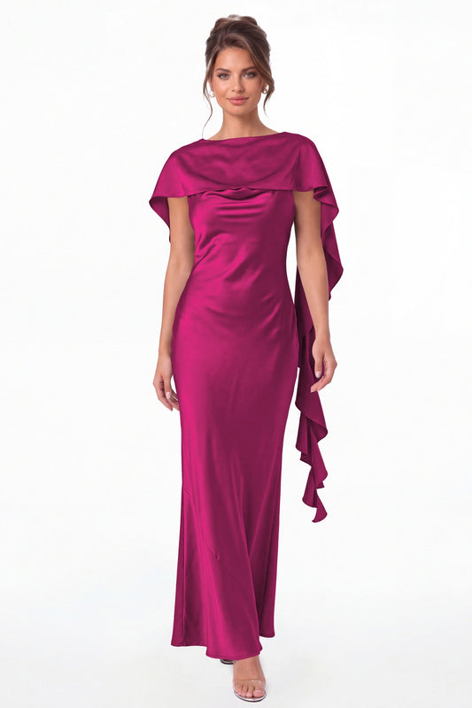 Fuchsia Spaghetti Strap Cowl Neck Satin Ruffle Maxi Gown - Front View
