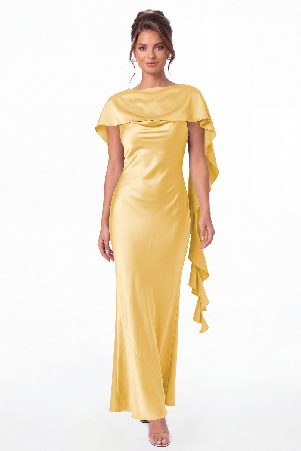 Gold Spaghetti Strap Cowl Neck Satin Ruffle Maxi Gown - Front View