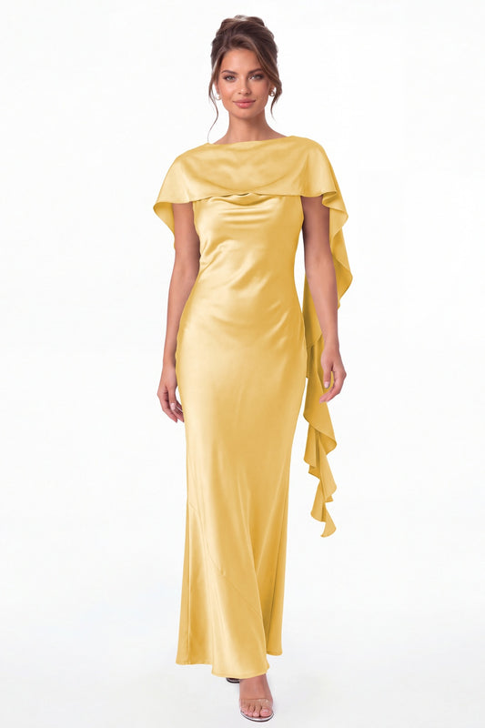 Gold Spaghetti Strap Cowl Neck Satin Ruffle Maxi Gown - Front View