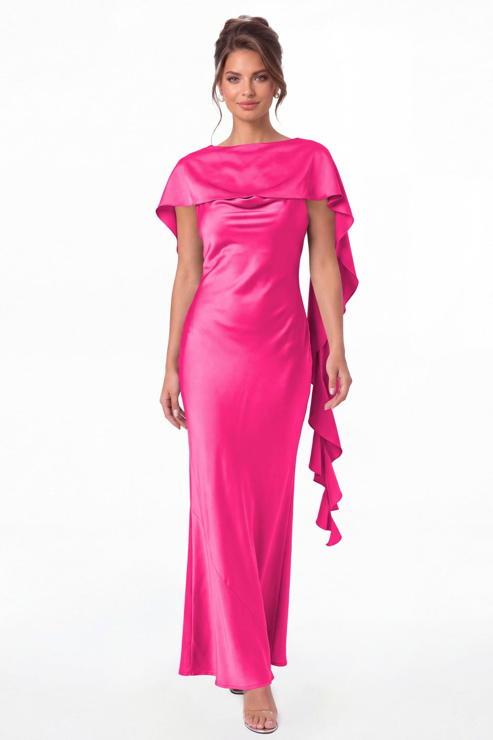 Hot Pink Spaghetti Strap Cowl Neck Satin Ruffle Maxi Gown - Front View