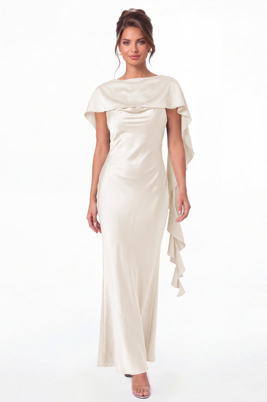 Ivory Spaghetti Strap Cowl Neck Satin Ruffle Maxi Gown - Front View