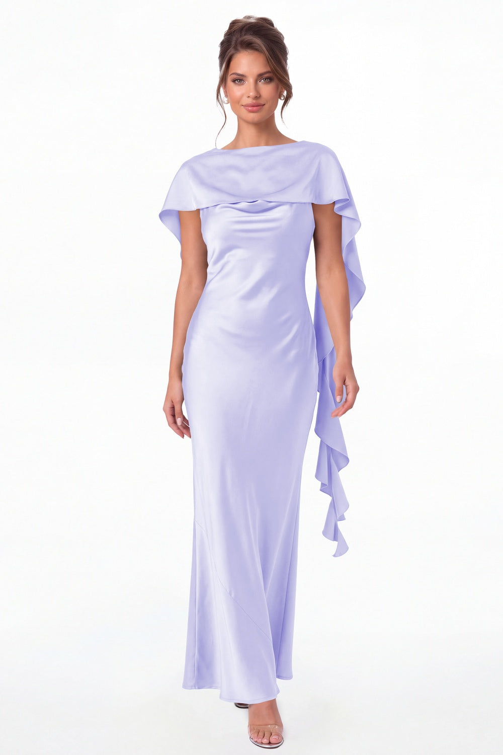 Lavender Spaghetti Strap Cowl Neck Satin Ruffle Maxi Gown - Front View